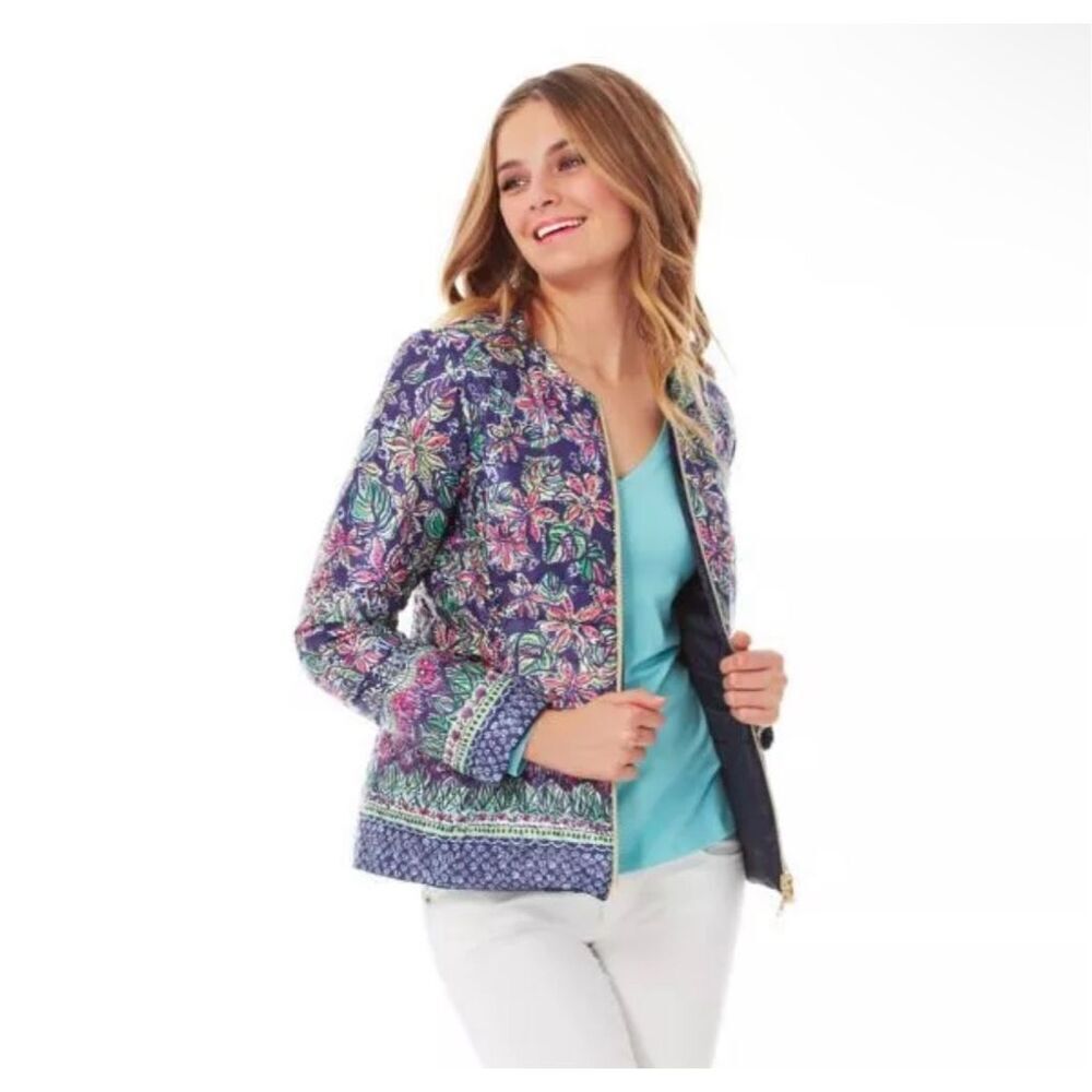 Lilly Pulitzer REVERSIBLE Bright NAVY Not Too Catty LILAH Jacket size M L floral